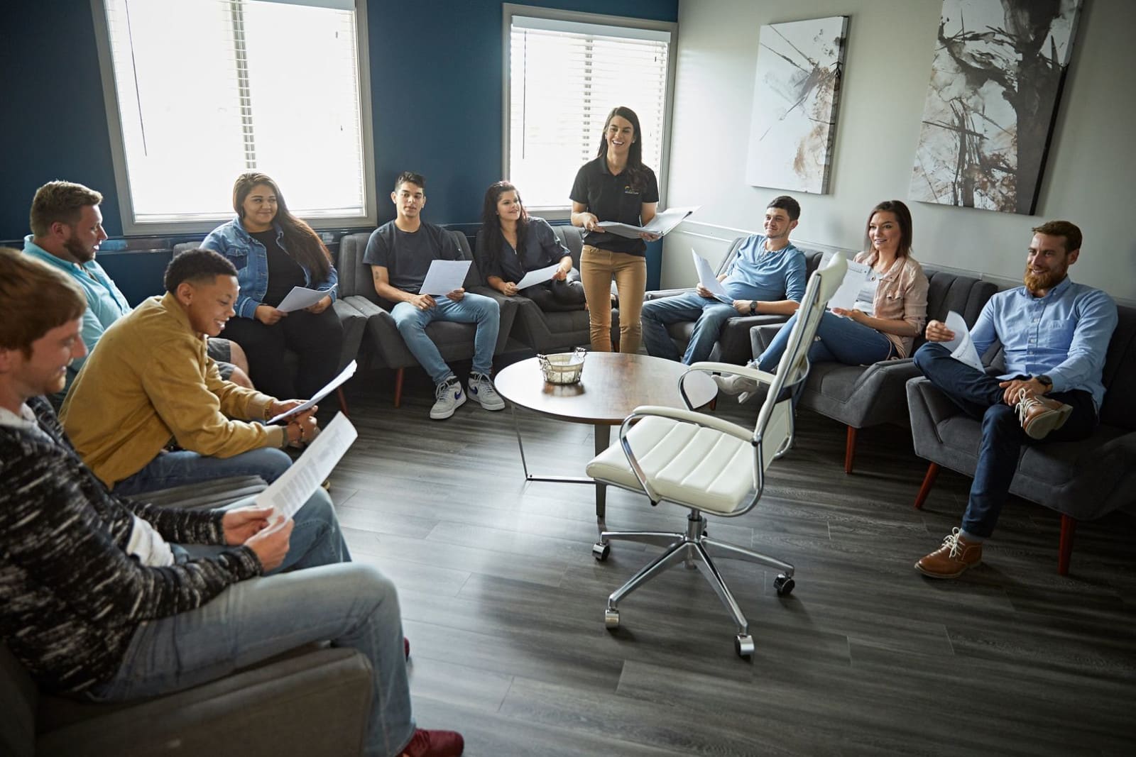 Group therapy session in progress at Victory Bay's Laurel Springs treatment facility