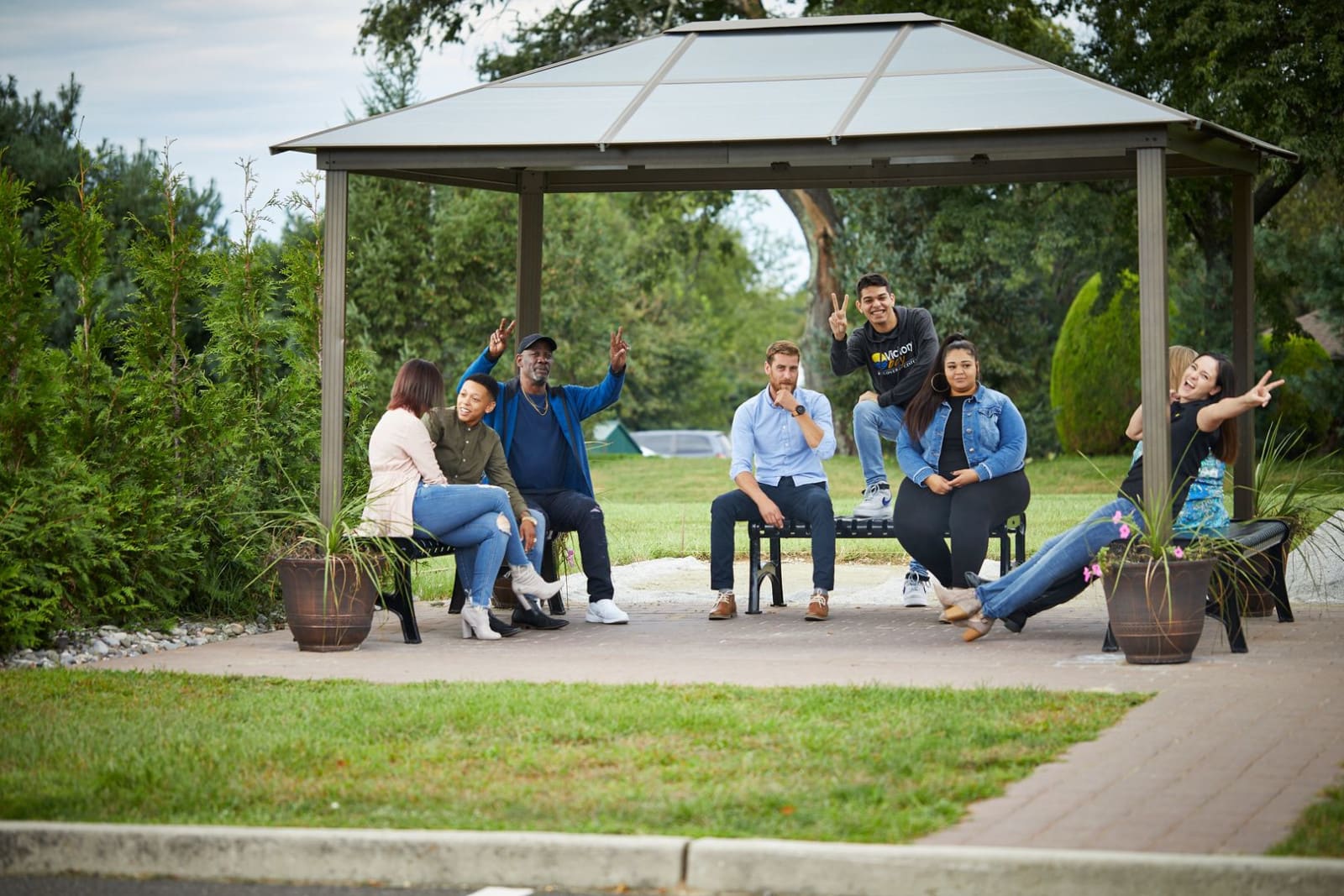Outdoor pavilion where clients gather on the grounds of Victory Bay's Laurel Springs, New Jersey campus