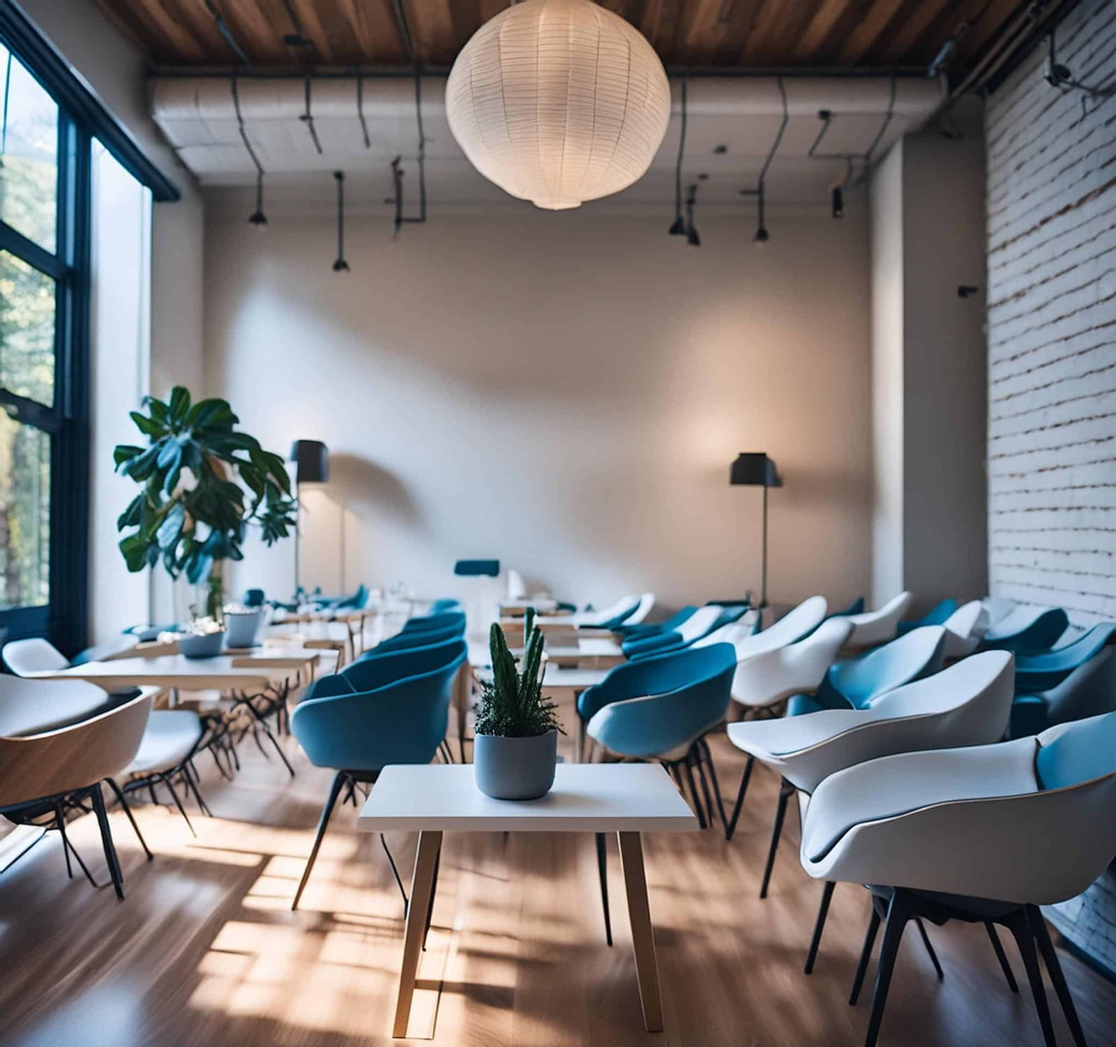 Sunlit common room with rows of modern blue and white chairs around small tables, a large potted plant, exposed wood ceiling, and white brick wall